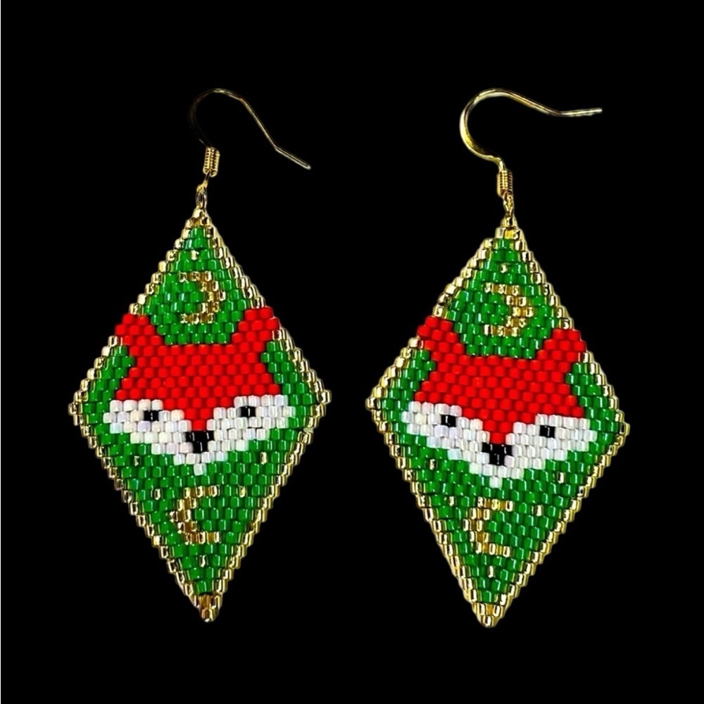 Seed bead earrings fox face handcrafted gold accent